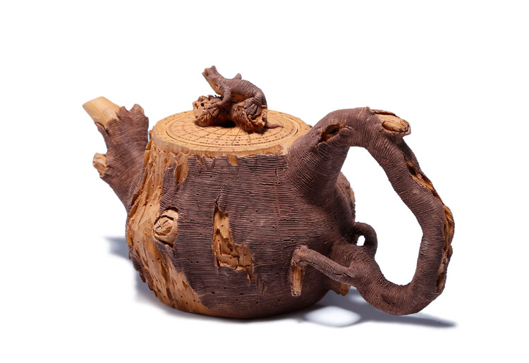 仿木外皮紫砂壺，創(chuàng)意木樁手工雕刻紫砂壺